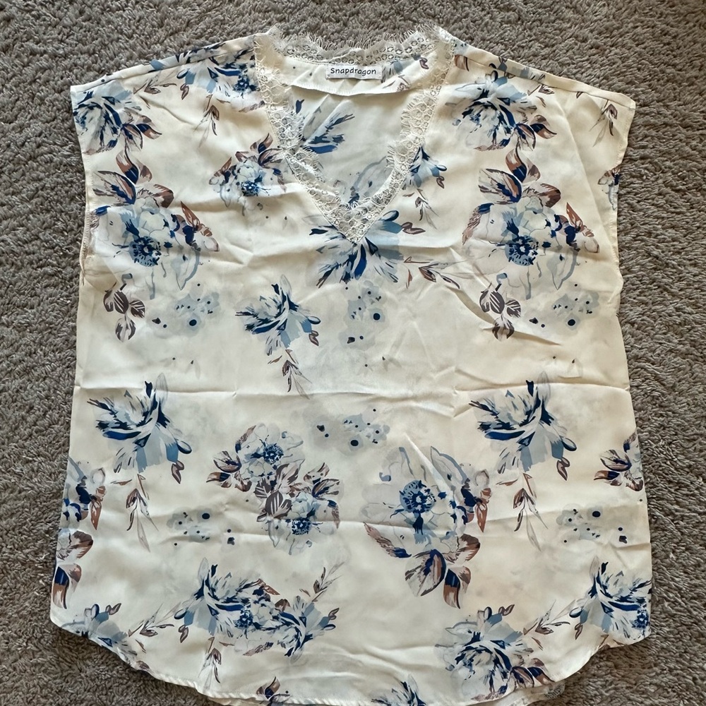 Floral Lace Blouse - Cream and Blue